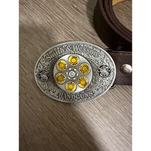 Smith & Wesson Handguns Belt Buckle 44 Mag Revolver Brown Leather Belt 38'